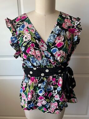 Silk Odille Anthropologie Floral Wrap Blouse with Ruffle Sleeve & Polka Dot Belt